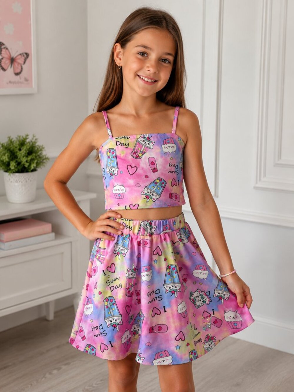 SHEIN Girls 2 Piece Skirt Set 9Y Pink Ice Cream Crop Top Matching Outfit